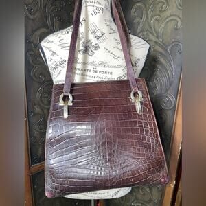 Salvatore Ferragamo Croc Embossed‎ Gancini Shoulder bag Purse Mahogany